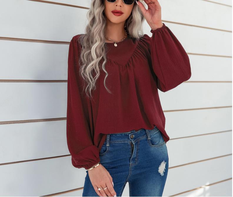 Damen Lässiges Viskose-Blusenshirt mit Rundhals und Ballonärmeln – Avérine