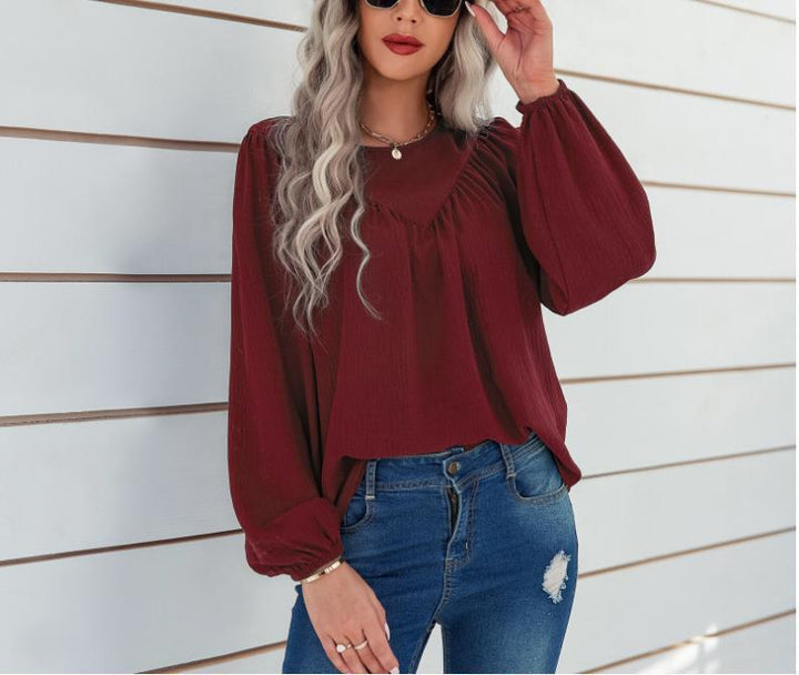Damen Lässiges Viskose-Blusenshirt mit Rundhals und Ballonärmeln – Avérine