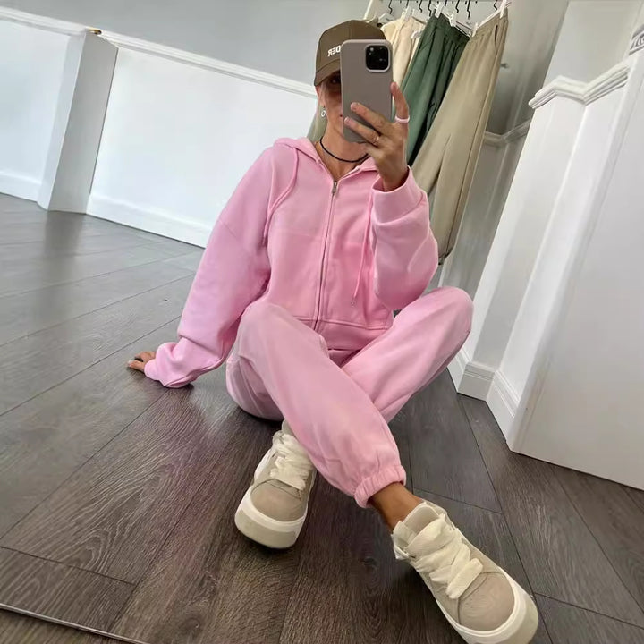 Damen lässiges Kapuzen-Sweatshirt und Jogginghose Set in Oversize-Passform mit Reißverschluss und Kängurutasche – Avérine