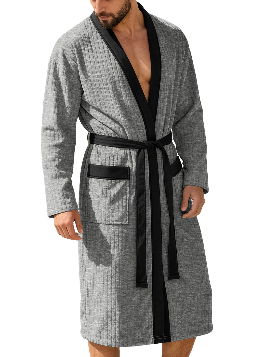 Herren nan wadenlanger Rippen-Bademantel im Kimono-Stil mit Schalkragen und Kontrastpaspel Echo Archiv