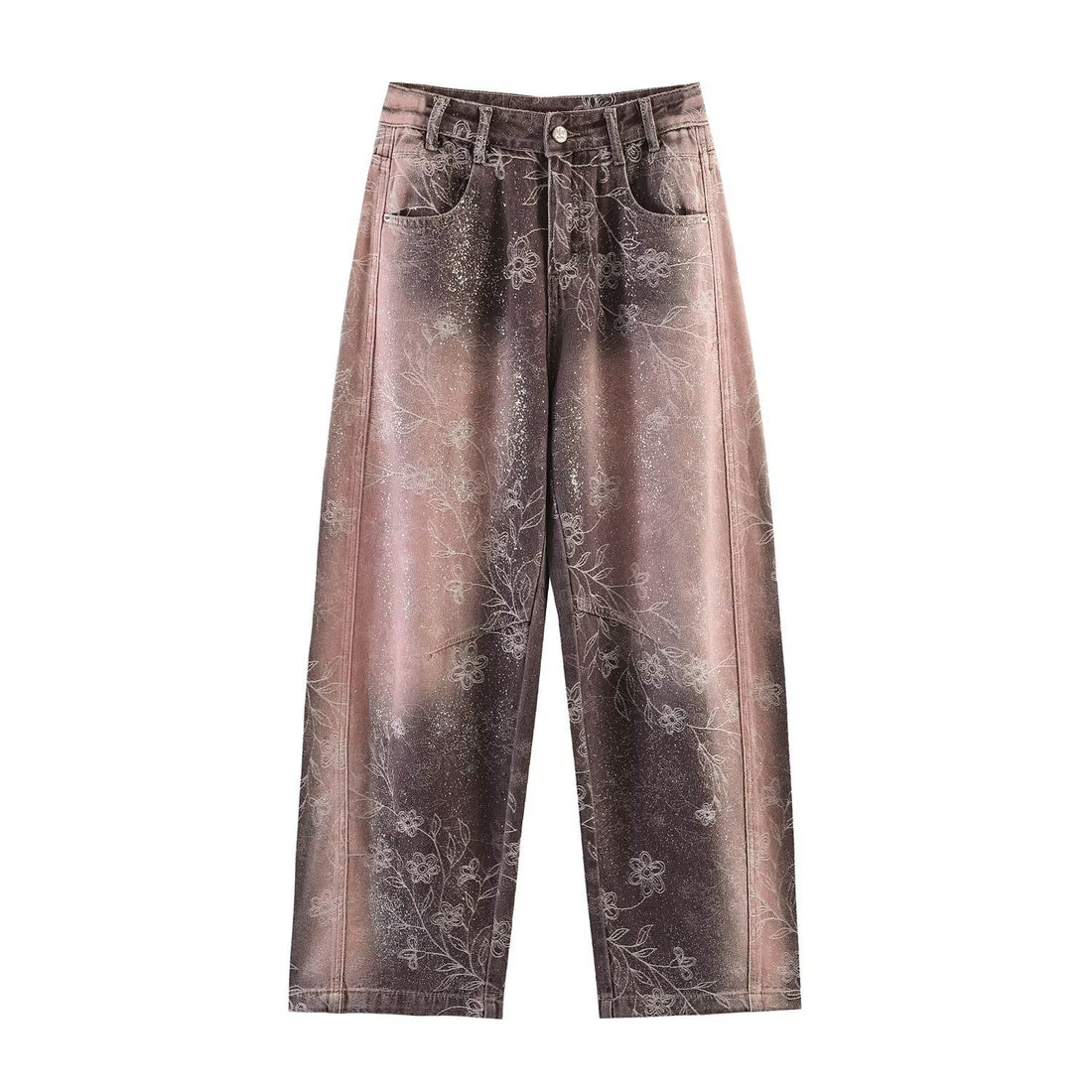 Damen Weite High‑Waist‑Jeans mit floralem Allover‑Print und Used‑Farbverlauf Echoarchiv