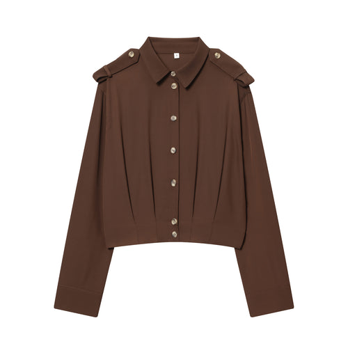 Damen taillierte Cropped-Hemdbluse mit Schulterklappen und Zierknopfleiste – Élovi