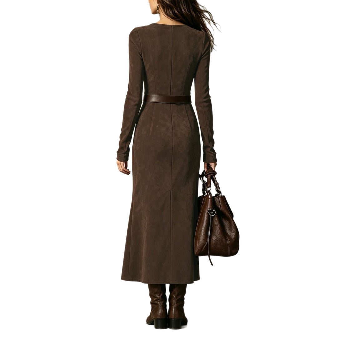 Damen Maxikleid aus Veloursimitat mit quadratischem Ausschnitt und hohem Beinschlitz Echoarchiv