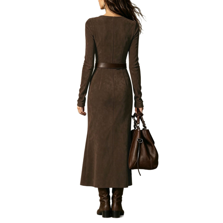 Damen Maxikleid aus Veloursimitat mit quadratischem Ausschnitt und hohem Beinschlitz Echoarchiv