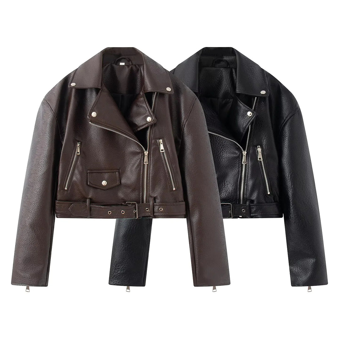 Damen cropped Bikerjacke aus veganem Lederimitat mit asymmetrischem Reißverschluss und Taillengürtel – Célinea