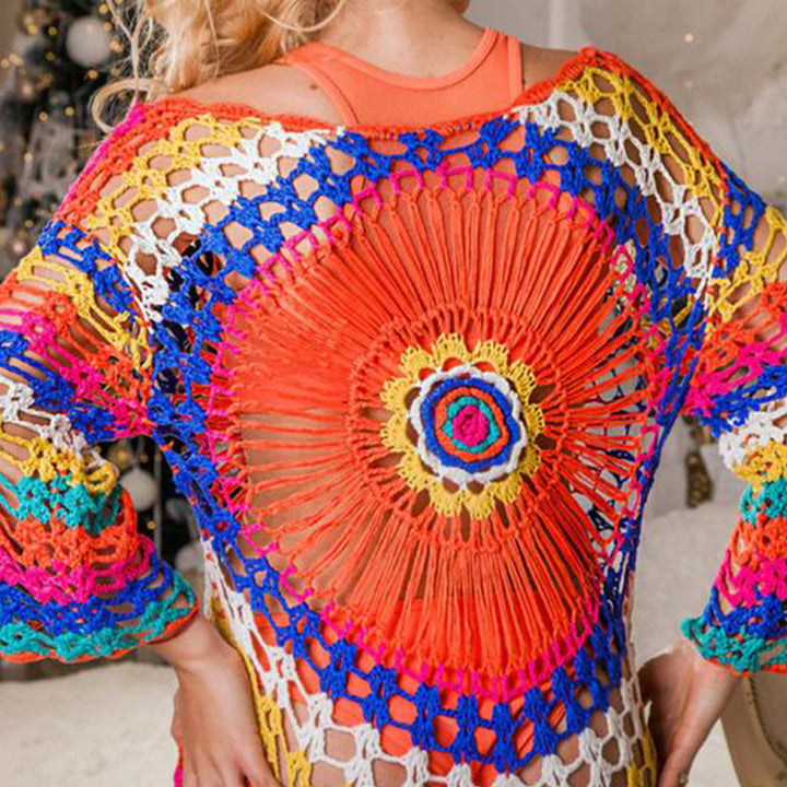 Damen Häkel-Strandüberwurf mit asymmetrischem Saum und buntem Muster Echo Archiv