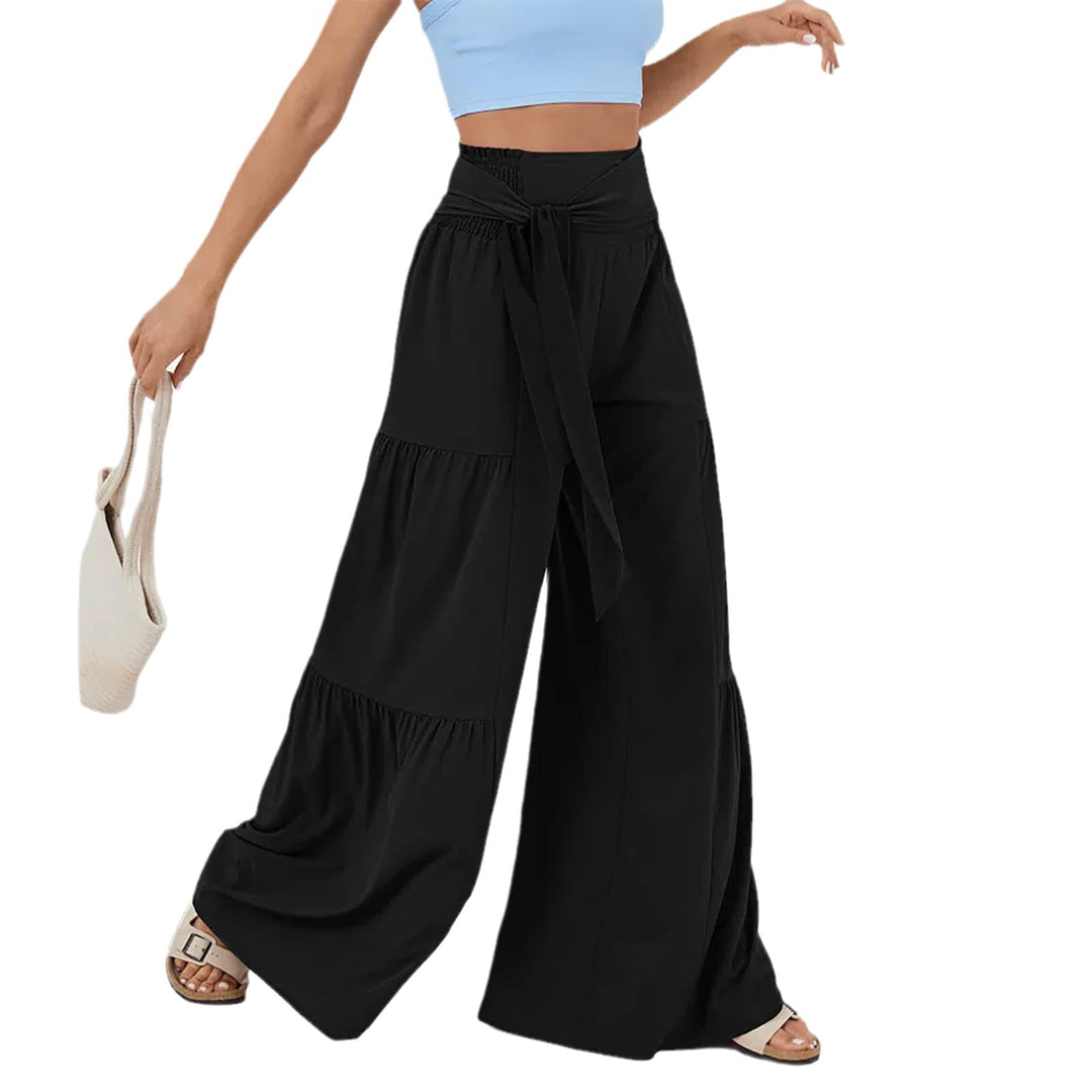 Damen weite Palazzo-Hose mit hoher Taille, bindbarem Taillenband und Stufensaum – Avérine