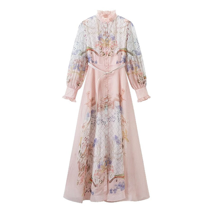 Damen Maxikleid aus Chiffon mit floralem Print, Stehkragen und Puffärmeln Echoarchiv
