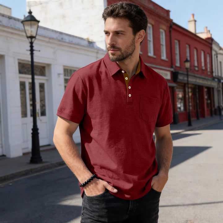 Herren nan Kurzarm-Polokragen-Shirt aus texturiertem Jersey mit Brusttasche und kontrastierter Knopfleiste Echo Archiv