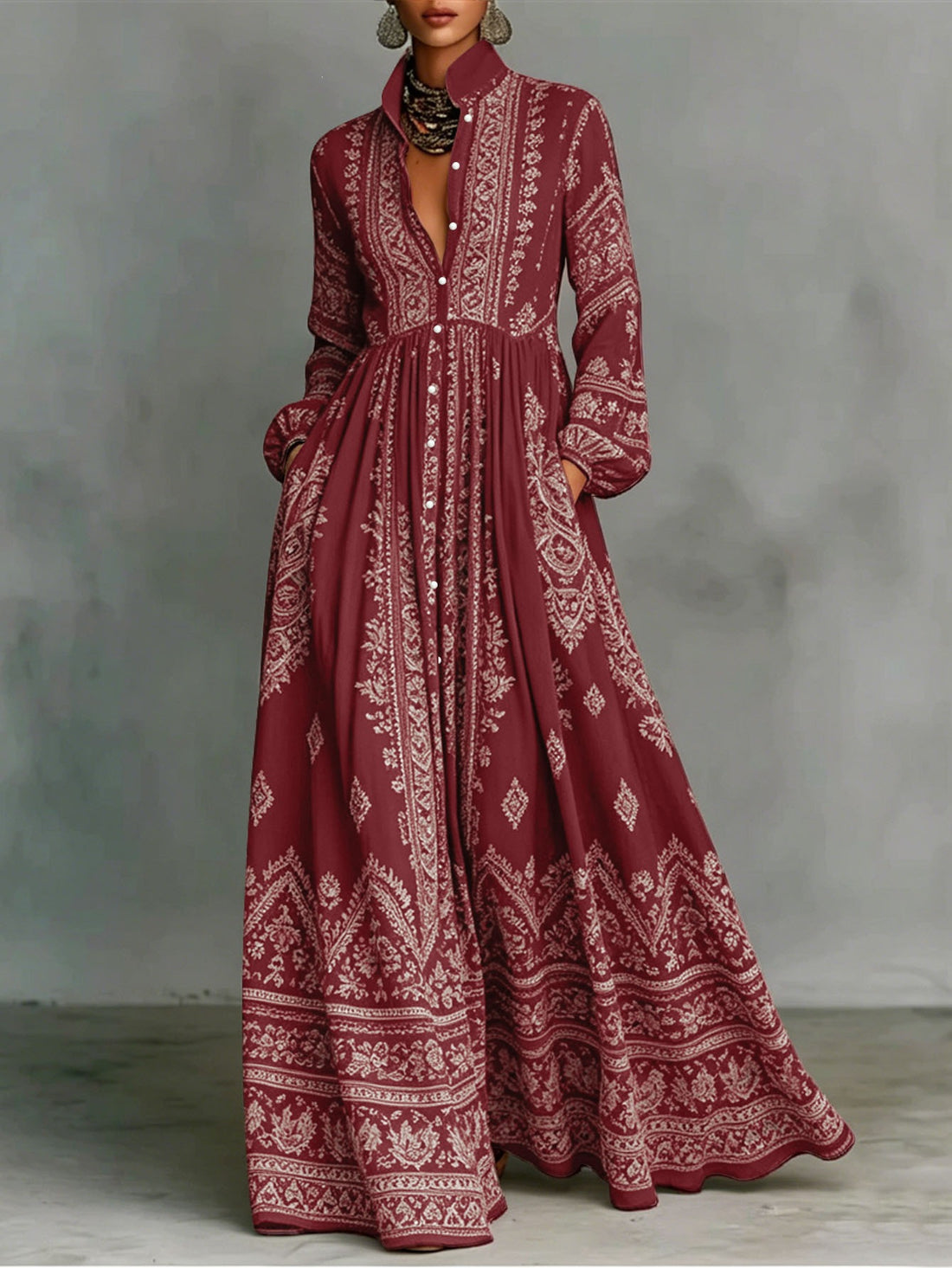 Damen Boho-Maxi-Hemdkleid mit Stickbordüren, hoher Stehkragen und Taschen – Valéora