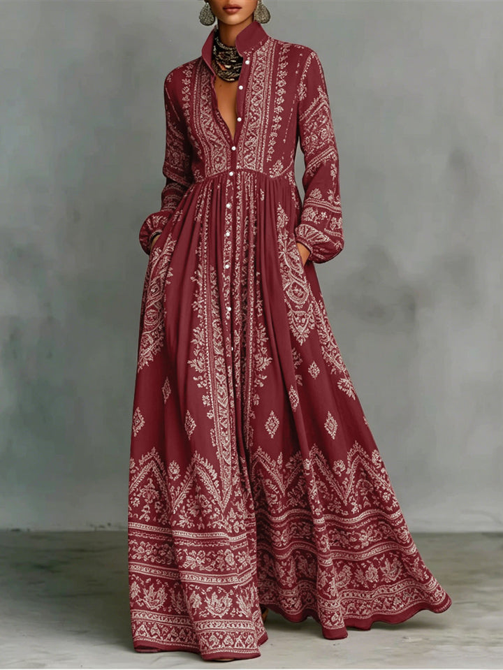 Damen Boho-Maxi-Hemdkleid mit Stickbordüren, hoher Stehkragen und Taschen Echoarchiv