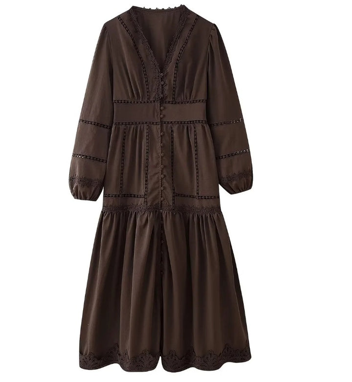 Damen 80+ Maxikleid mit V‑Ausschnitt, Spitzenbesatz, Knopfleiste und Ballonärmeln Echo Archiv