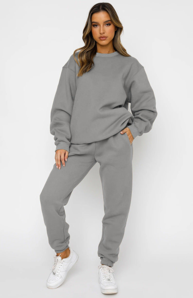 Damen zweiteiliges Cozy-Loungewear-Set mit Oversize-Rundhals und hochgeschnittener Jogginghose mit Kordelzug – Élanora