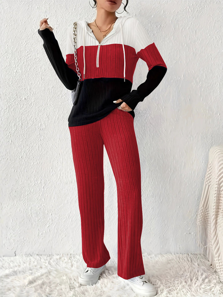 Damen Geripptes Lounge-Set mit Kapuzen-Halfzip und weitem Palazzo-Strickhose – Élanora