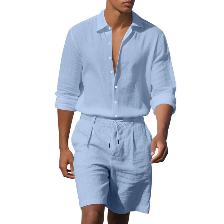 Herren elegantes Kurzarmhemd mit modischem Aufschlagkragen und lässigen Bermuda-Shorts Echoarchiv