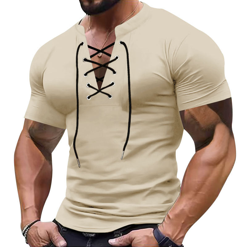 Herren Kurzarm-Henley-Shirt mit modischem Schnürdesign und körperbetonter Passform Echoarchiv