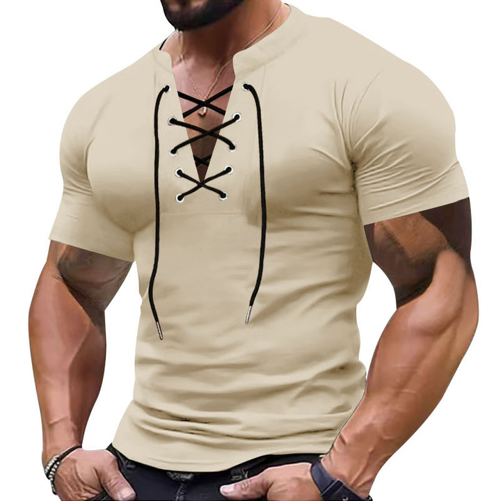 Herren Kurzarm-Henley-Shirt mit modischem Schnürdesign und körperbetonter Passform Echoarchiv