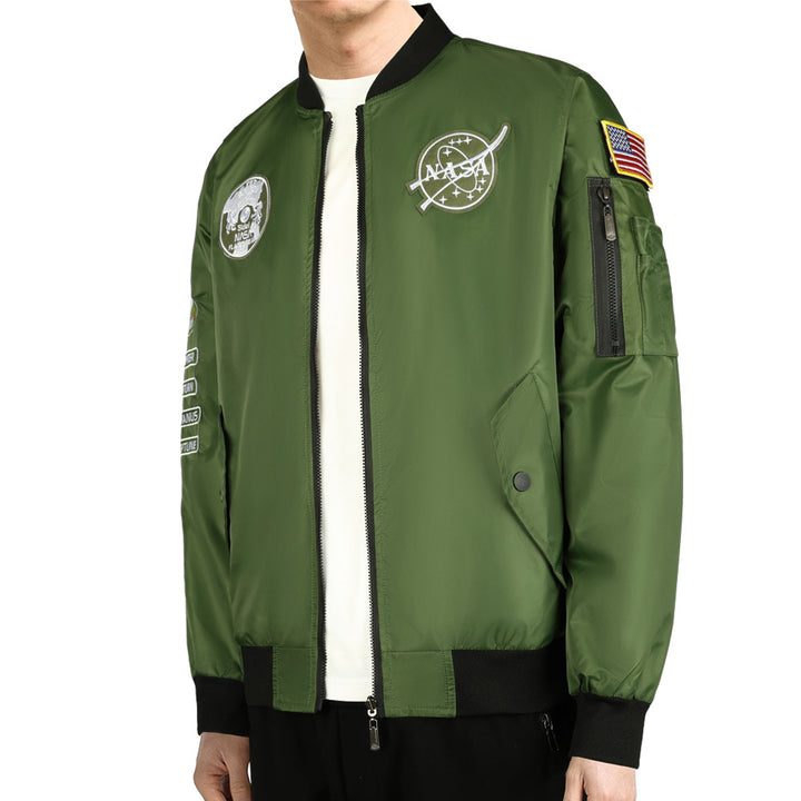 Herren  bestickte Raum-Patch glänzende Shell Bomberjacke mit bedrucktem Innenfutter und Ärmel-Reißverschluss-Nutztasche Echo Archiv