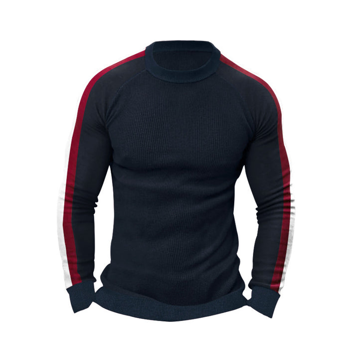 Herren sportlicher Strickpullover mit kontrastierenden Ärmeln und hohem Kragen Echoarchiv
