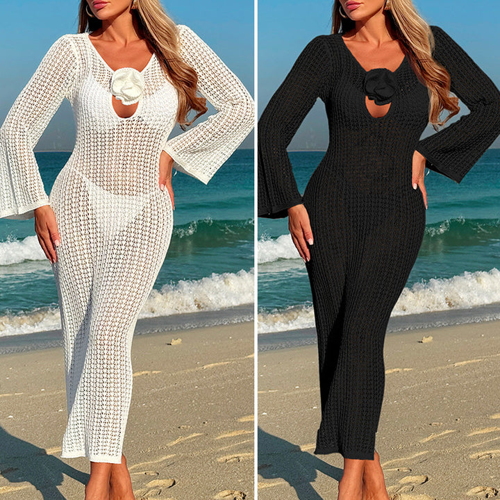 Damen Häkel-Strandkleid mit V-Ausschnitt und Blütenapplikation Echo Archiv