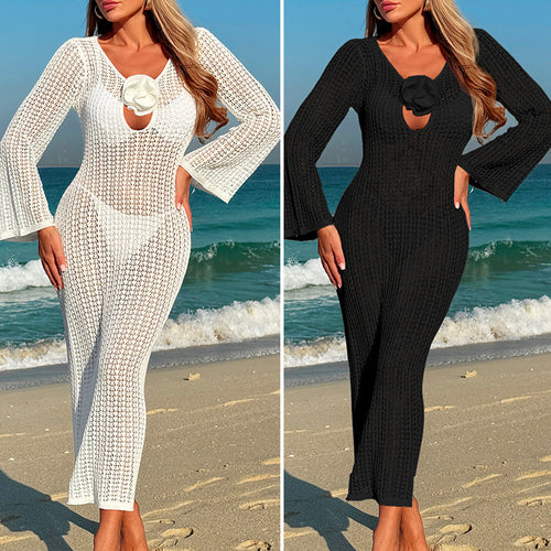Damen Häkel-Strandkleid mit V-Ausschnitt und Blütenapplikation Echo Archiv
