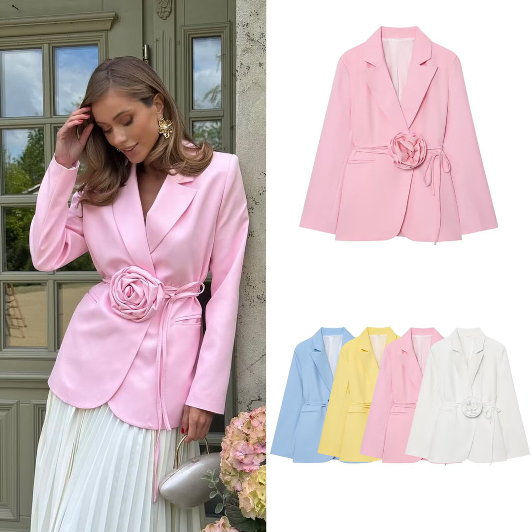 Damen nan taillierter Blazer mit dekorativer Rosenapplikation und Bindegürtel Echo Archiv