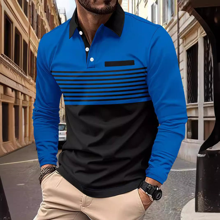 Herren nan langärmliges Poloshirt mit kontrastierendem Hemdkragen, dezenter Brustpaspel und feinem Streifenrelief Echo Archiv