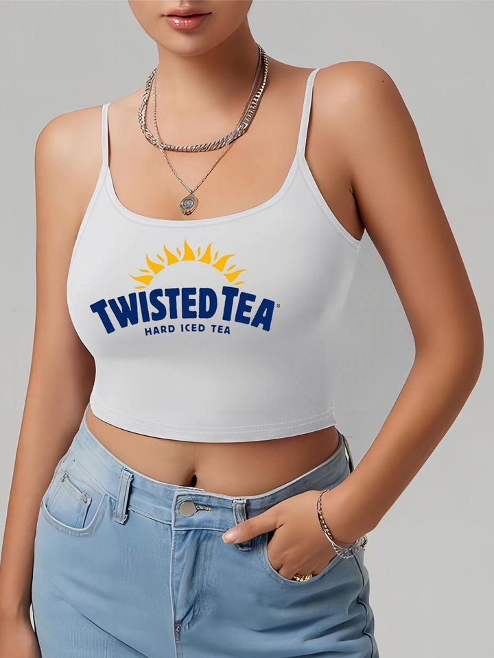 Damen Crop-Top mit kreativem Schriftzug und feinen Trägern Echo Archiv