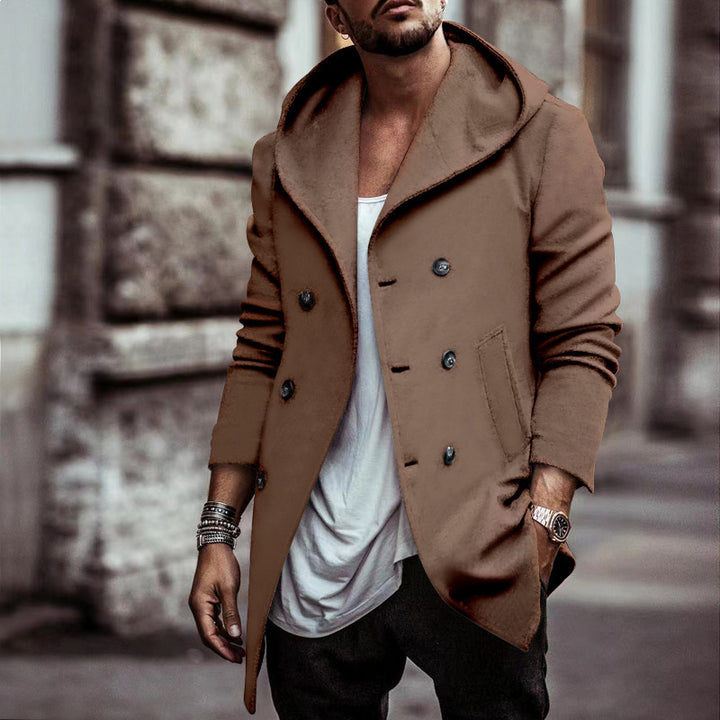 Herren urbaner Mantel mit oversized Kapuze und doppelter Knopfleiste Echoarchiv