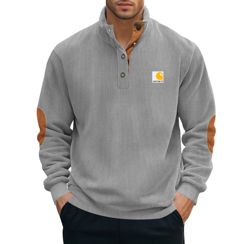 Herren nan Strickpullover im Troyer-Stil mit Stehkragen Lederbesatz Druckknopfleiste und Ellbogen-Patches Echo Archiv