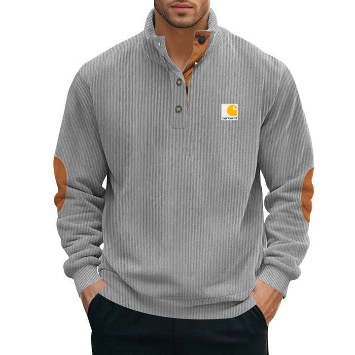 Herren nan Strickpullover im Troyer-Stil mit Stehkragen Lederbesatz Druckknopfleiste und Ellbogen-Patches Echo Archiv