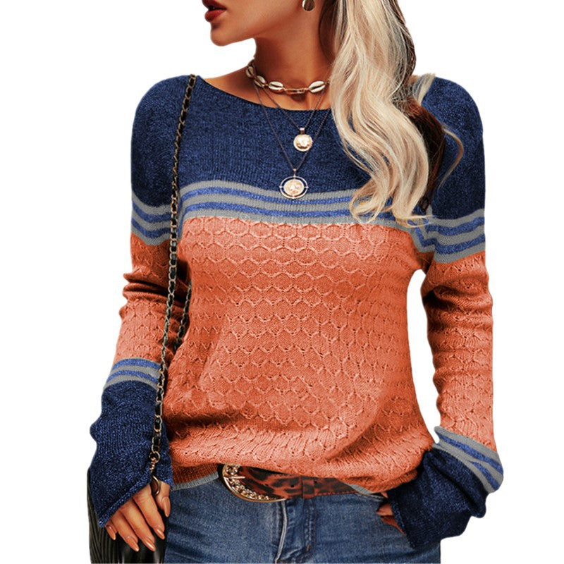 Damen nan lässiger gestrickter Pullover mit Strukturmuster, U-Boot-Ausschnitt und kontrastierenden Bündchen Echo Archiv