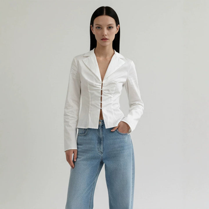 Damen Taillierte Popeline-Hemdbluse mit Korsettnähten & Häkchenfront Echoarchiv