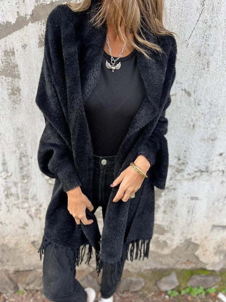 Damen nan langer kuscheliger Fransen-Cardigan mit Schalkragen und Oversize-Passform Echo Archiv