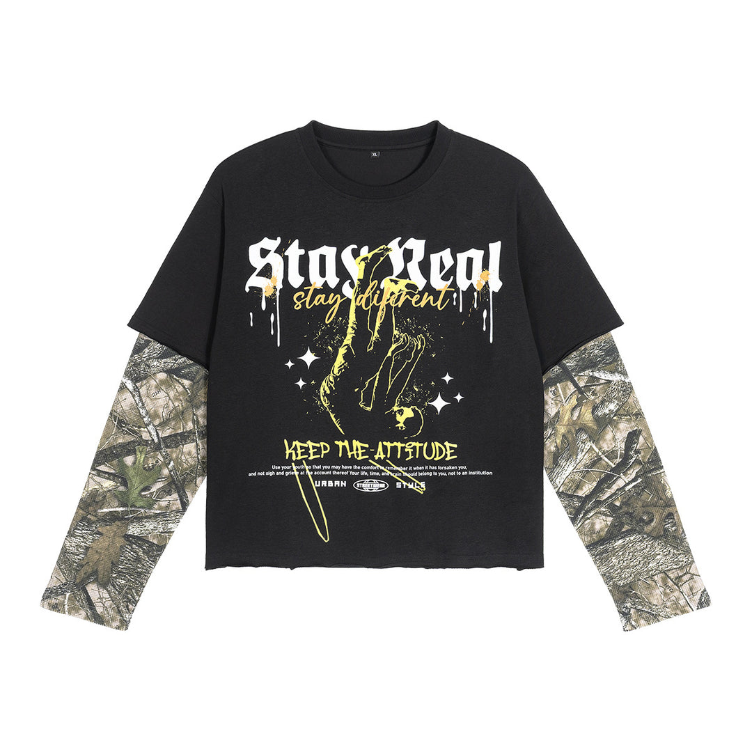 Herren Lagen-Langarm-T-Shirt mit Camouflage-Innensärmeln und Gothic-Print Echo Archiv