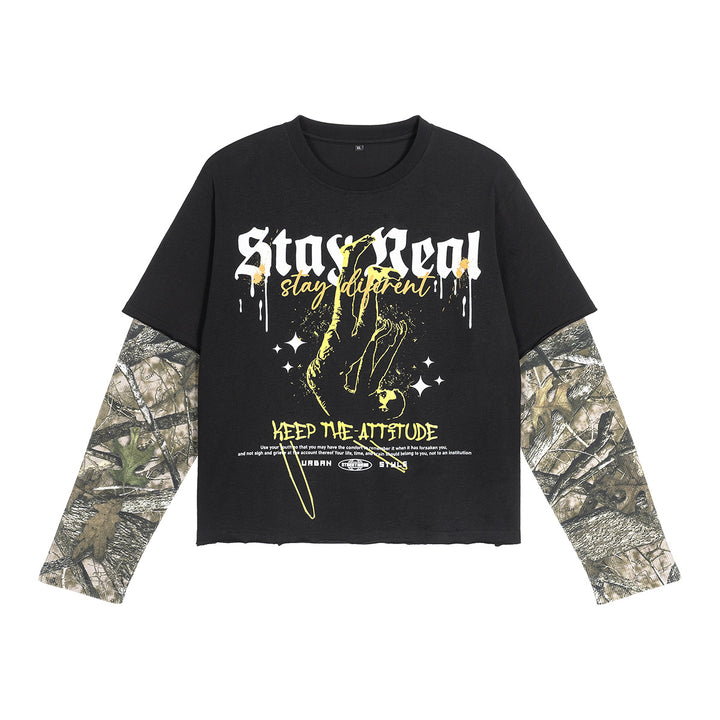 Herren Lagen-Langarm-T-Shirt mit Camouflage-Innensärmeln und Gothic-Print Echo Archiv