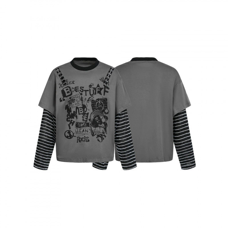 Damen Lagenlook-Longsleeve mit Grafikprint, gestreiften Einsatzärmeln und dekorativen Schulterträgern Echo Archiv