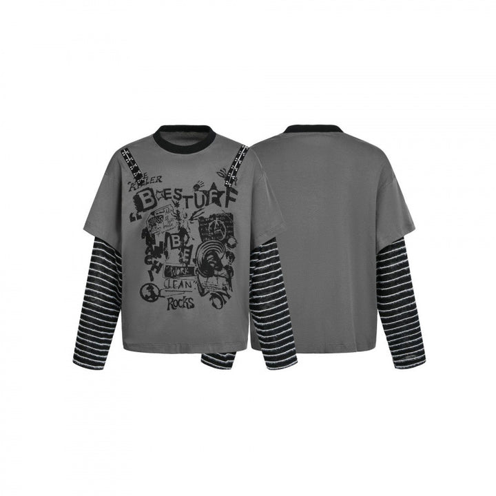 Damen Lagenlook-Longsleeve mit Grafikprint, gestreiften Einsatzärmeln und dekorativen Schulterträgern Echo Archiv
