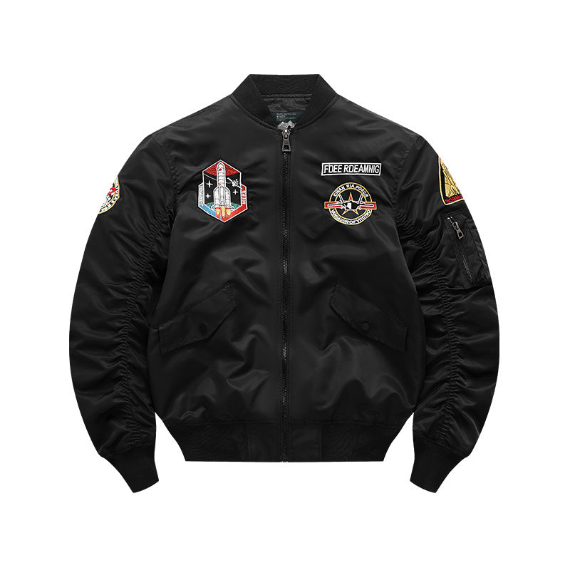 Men's vintage-inspired mission patch flight bomber with utility sleeve pocket – Brevano