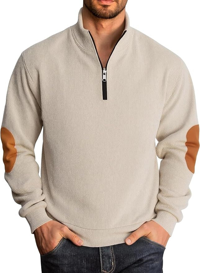Herren Strickpullover mit modischem Stehkragen und kontrastrierenden Ellenbogenpatches Echoarchiv