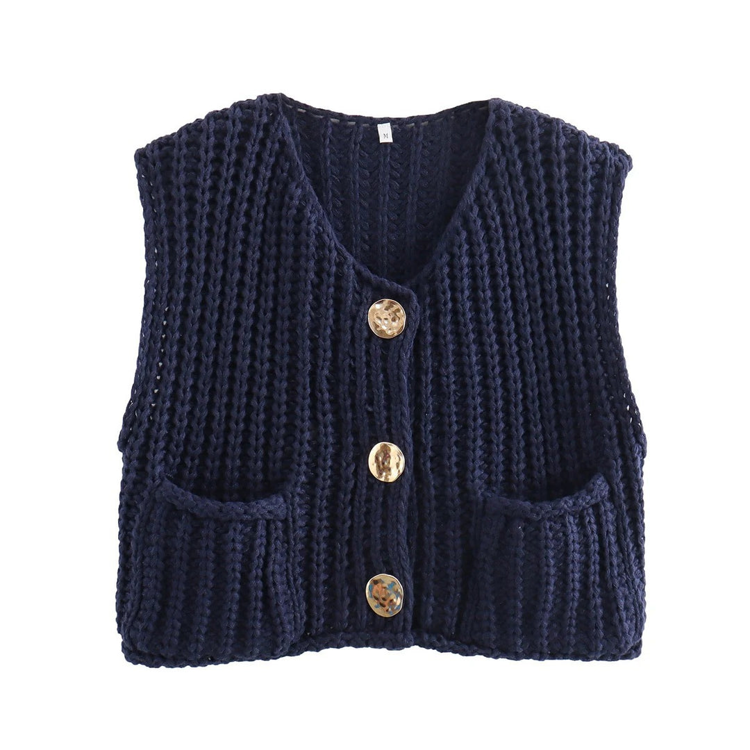Damen Kurzgeschnittene Ärmellose Strickweste mit V-Ausschnitt und Zierknöpfen – Veloura