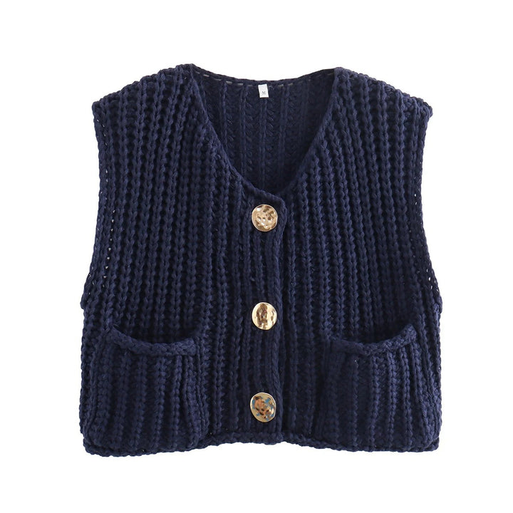 Damen Kurzgeschnittene Ärmellose Strickweste mit V-Ausschnitt und Zierknöpfen – Veloura