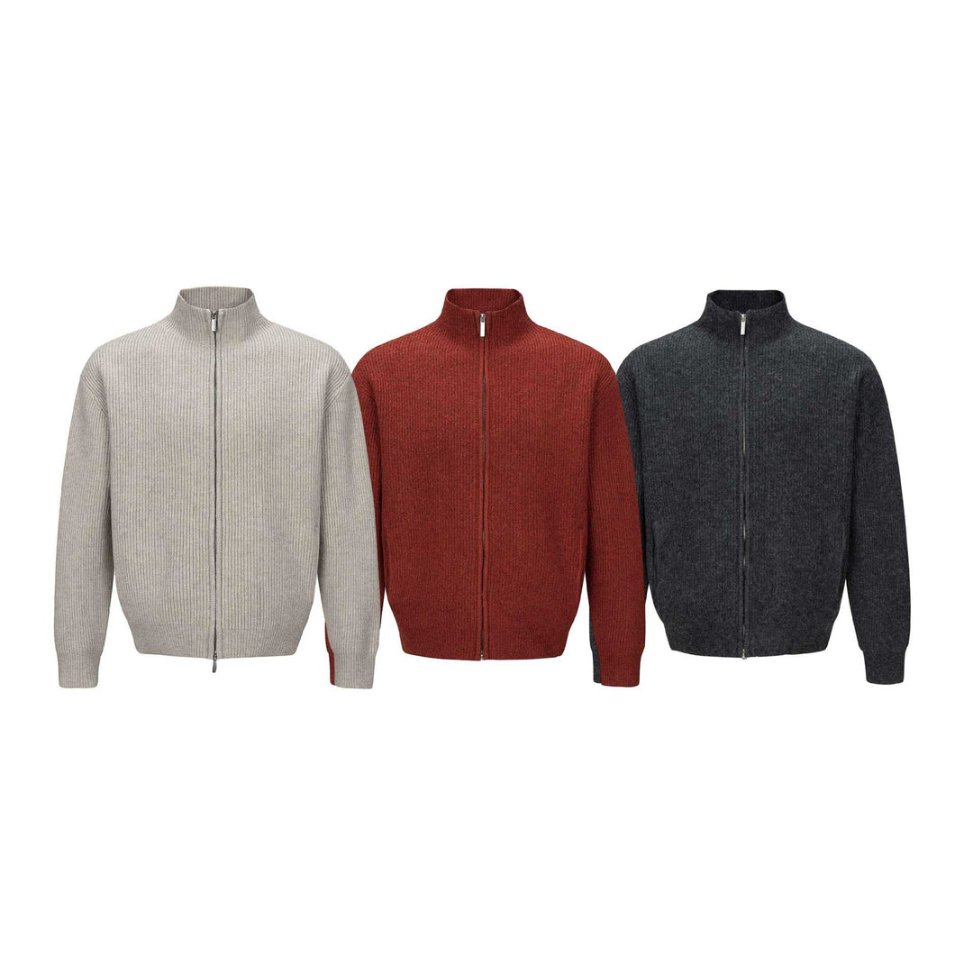 Unisex Kurzer gerippter Strickzipper mit hohem Stehkragen und schlankem Bund Echoarchiv