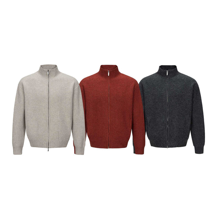 Unisex Kurzer gerippter Strickzipper mit hohem Stehkragen und schlankem Bund Echoarchiv