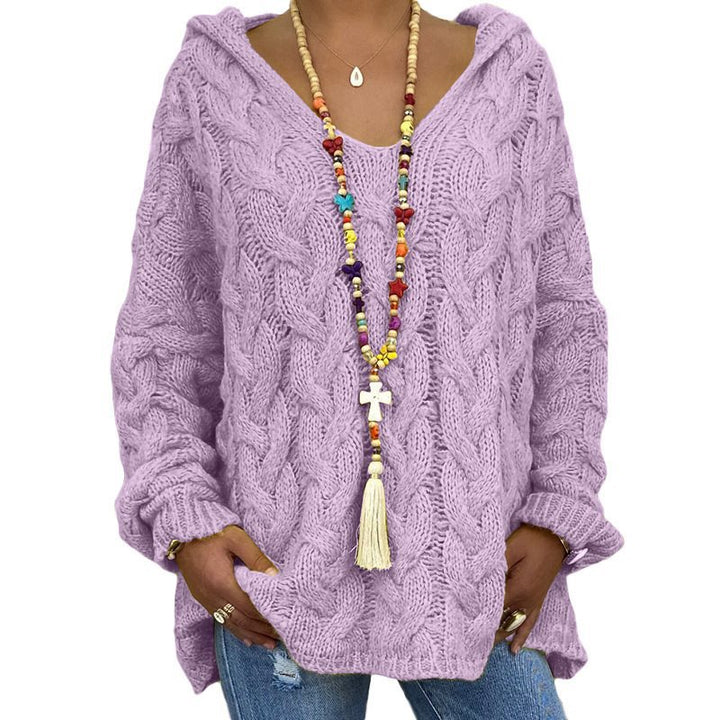 Damen Oversized Zopfmuster-Strickpullover mit Kapuze und lässigem V‑Ausschnitt Echo Archiv