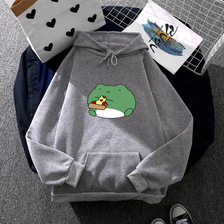 Damen gemütlicher Kapuzenpullover mit kawaii Frosch‑Pizza‑Motiv und oversized Relax‑Fit – Auréline