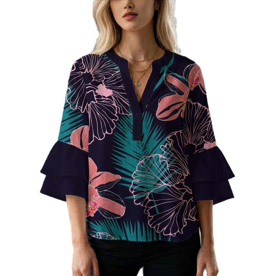 Damen Bluse mit voluminösen Rüschenärmeln und floralem Druck Echo Archiv