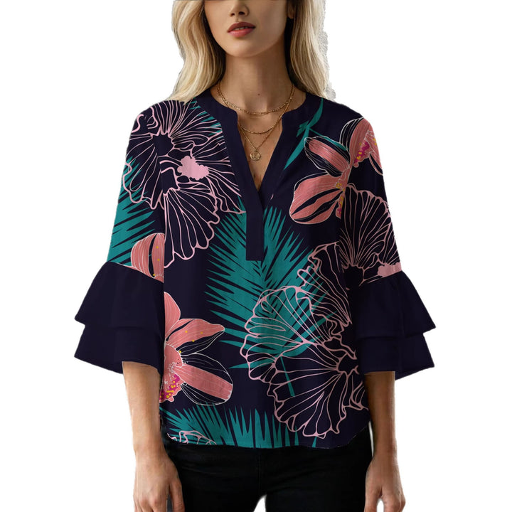 Damen Bluse mit voluminösen Rüschenärmeln und floralem Druck Echo Archiv