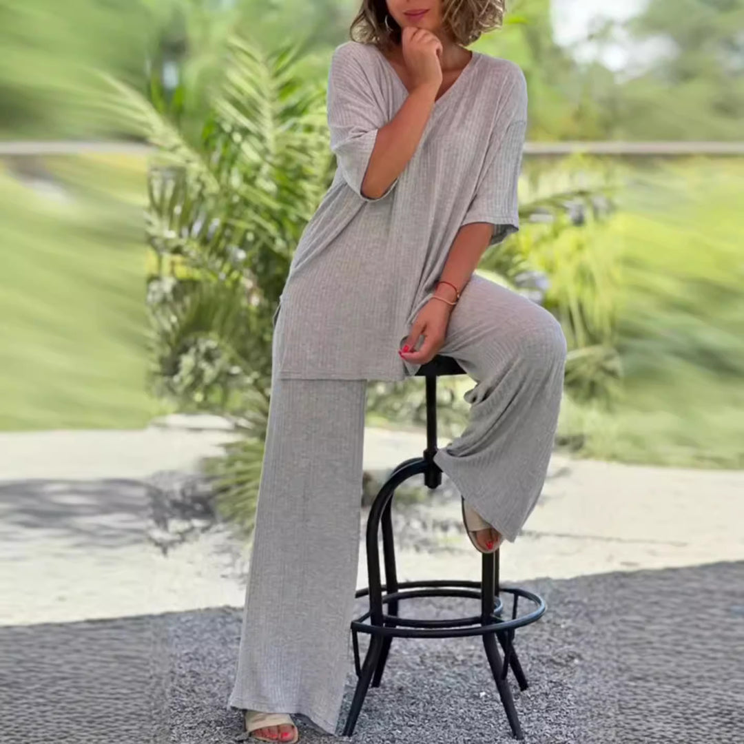 Damen nan zweiteiliges Reise- und Loungewear-Set aus weichem Rippjersey mit Longline-Tunika und Palazzohose Echo Archiv