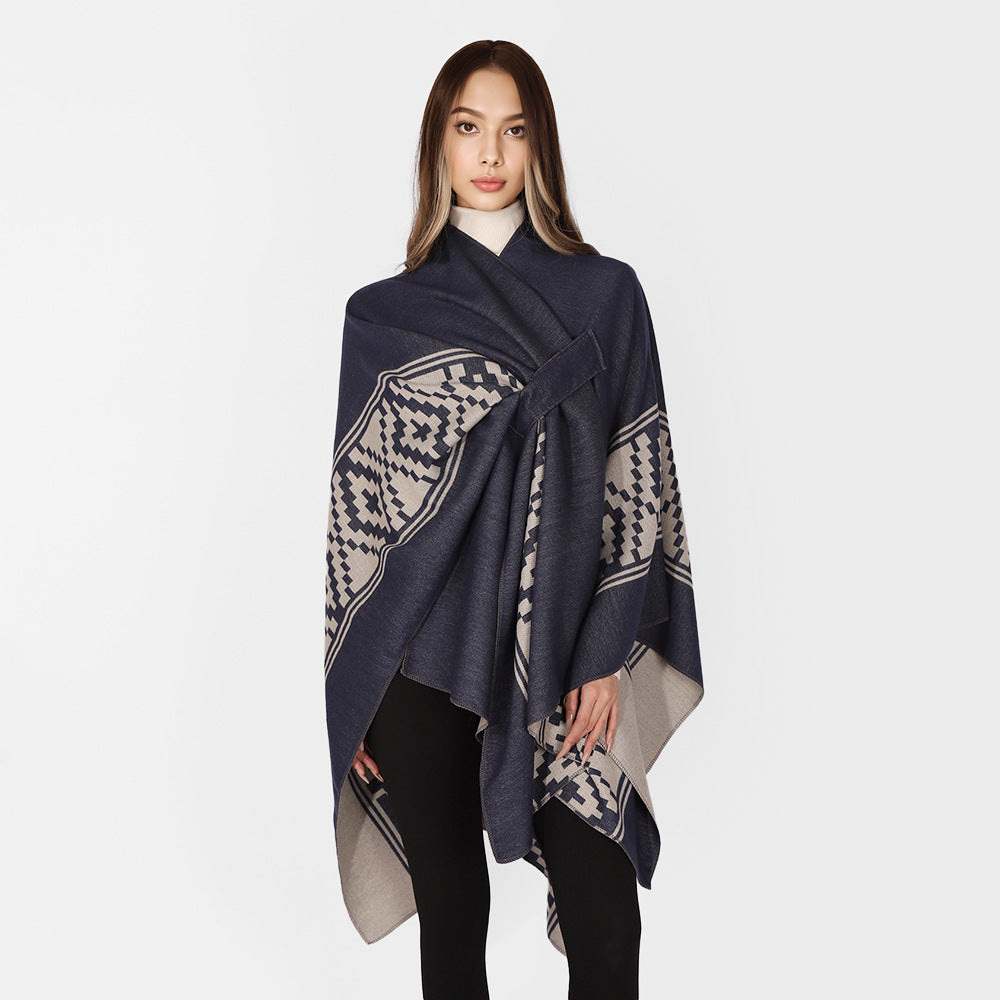 Damen Jacquard‑Ruana mit Bindegürtel und geometrischem Muster – Avérine